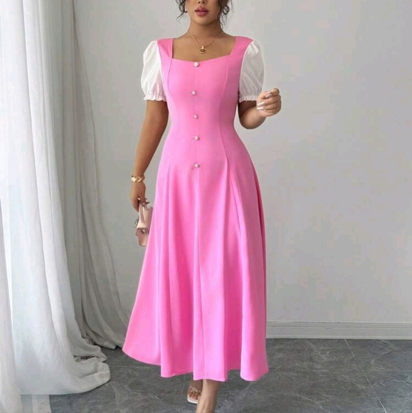 Women's Fuchsia Patchwork White Square Neck Puff Sleeve Cinched Waist Flared - Picture 1 of 4